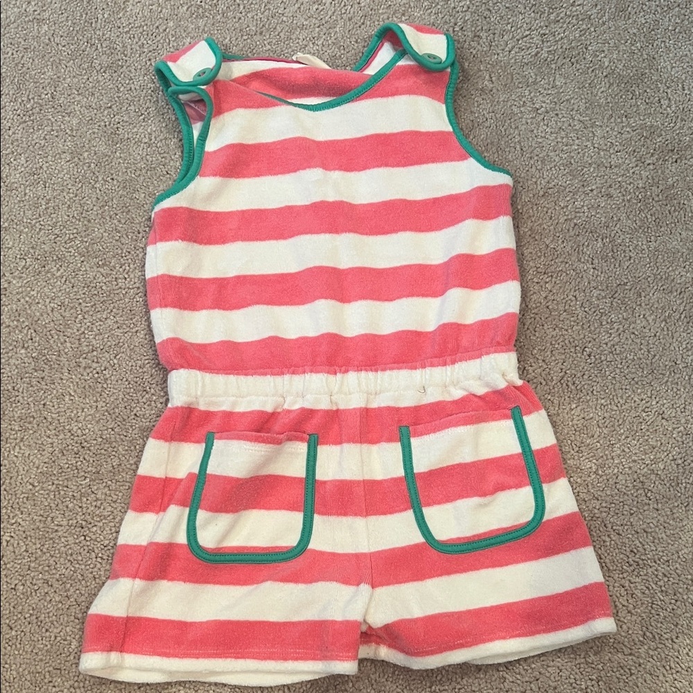 Mini Boden Pink and White Striped Romper with Green Trim